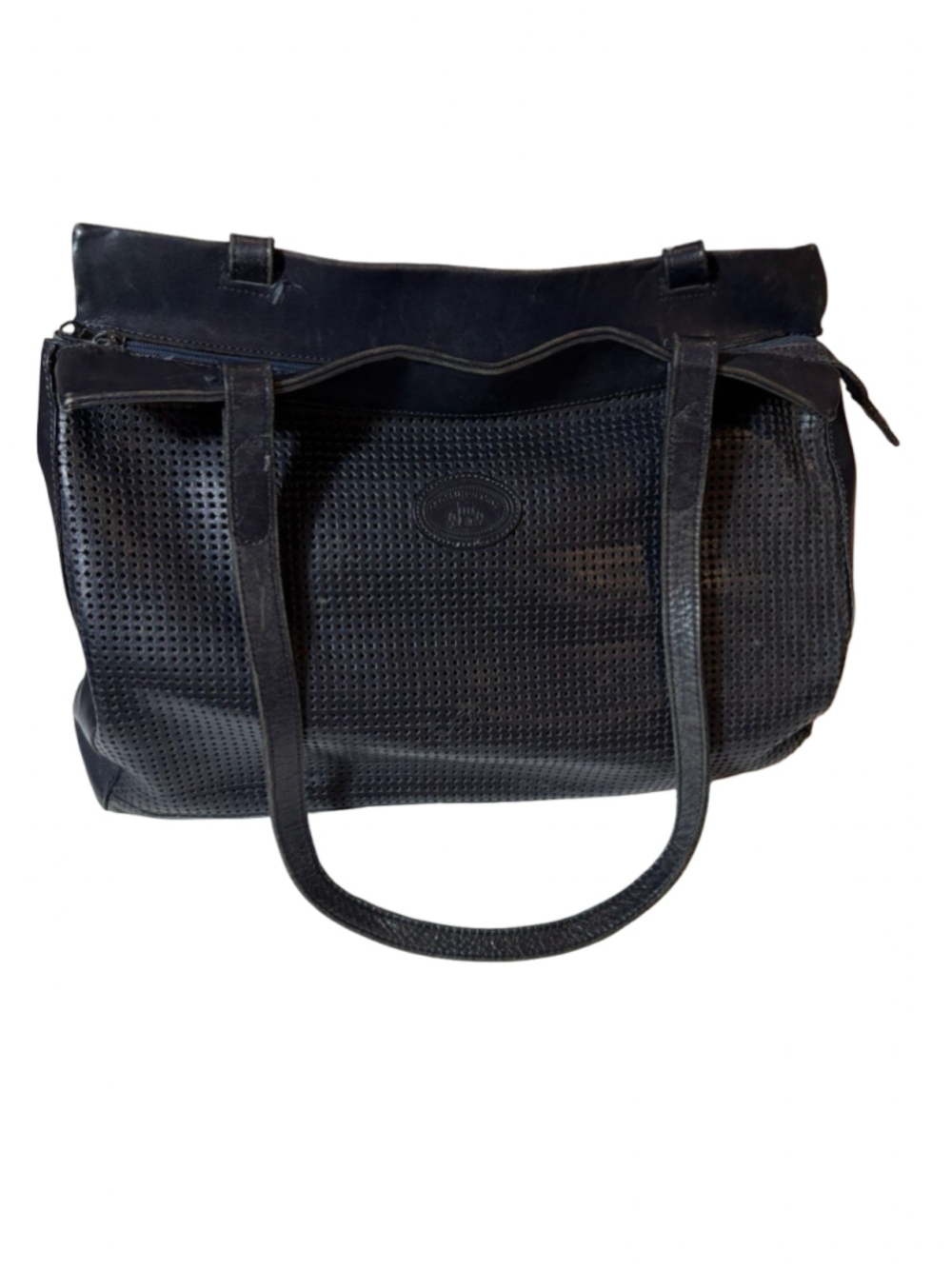 Vintage Charles Klein Italy Black Perforated Leather Large Shoulder Tote Bag
